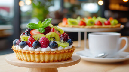 Poster - Delicious fruit tart topped with fresh berries and mint, served in cozy bakery setting. perfect treat for dessert lovers