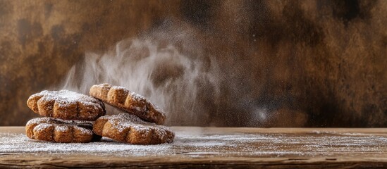 Poster - Freshly Baked Cookies with Powdered Sugar on Rustic Wooden Table Copy Space