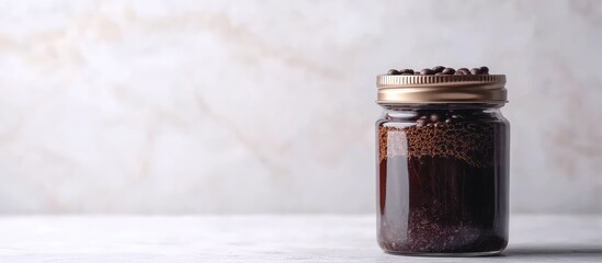 Poster - Glass jar filled with coffee beans on countertop with marble texture background and copy space for text