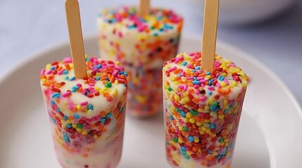 Poster - Colorful ice cream pops with sprinkles, served in a white plate on a light background, Copy Space available.