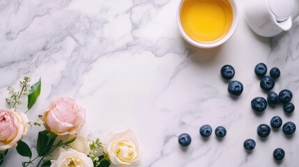 Poster - Stylish flat lay composition with fresh blueberries, roses, honey in bowl and white ceramic pitcher on marble background Copy Space