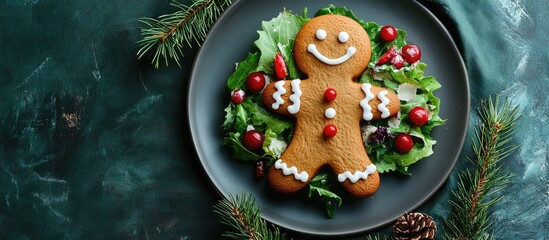 Poster - Gingerbread man cookie placed on a bed of mixed greens and cranberries on a black plate with pine branches in the background Copy Space