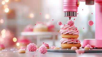 Poster - vibrant depiction of 3D food printer creating intricate pink desserts, showcasing creativity and modern technology in baking. scene is filled with delightful details and festive atmosphere