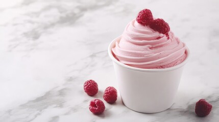 Poster - Cup of raspberry flavored soft serve ice cream topped with fresh raspberries on a marble surface with copy space for text.