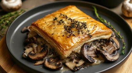 Aufkleber - Mushroom pastry dish with flaky crust and fresh thyme on a black plate surrounded by mushrooms and herbs Copy Space