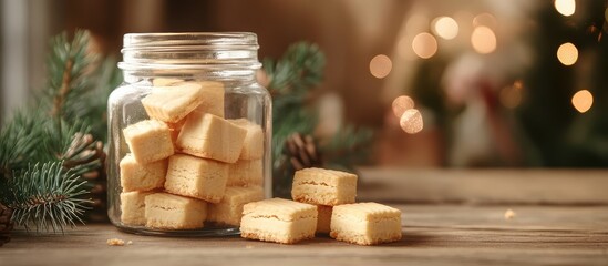 Poster - Jar of homemade shortbread cookies with festive decorations and copy space on a wooden table