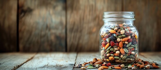 Aufkleber - Colorful mixed seeds in a glass jar on a rustic wooden table with Copy Space for text