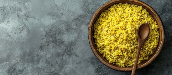 Poster - Bowl of yellow cooked rice on a gray textured surface with wooden spoon and copy space for text