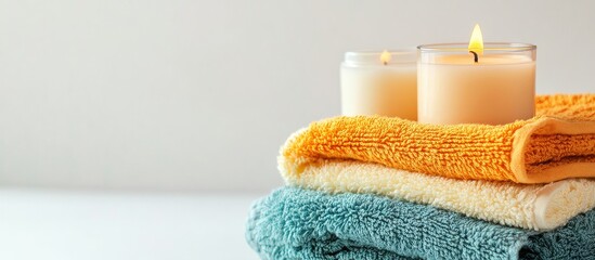 Poster - Stack of towels in orange, yellow, and teal colors with two burning candles on top against a light gray background Copy Space