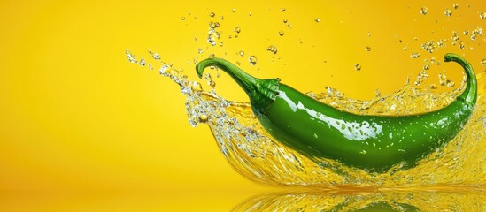 Poster - Green chili pepper splashing in water against yellow background with copy space for text