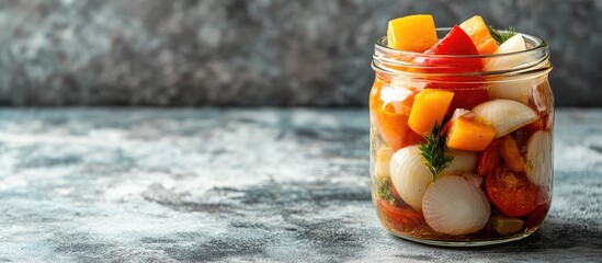 Poster - Colorful mixed vegetable salad in a glass jar on a textured gray background with copy space for text.