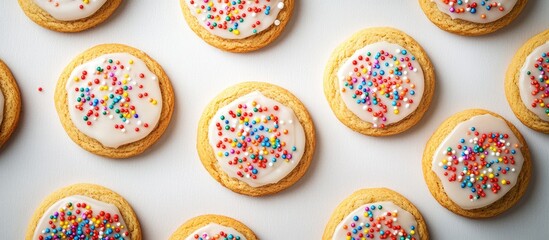 Poster - Colorful frosted cookies with sprinkles arranged on a white surface providing Copy Space for text placement.