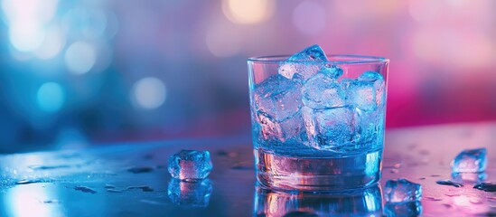 Aufkleber - Glass of whiskey with ice cubes on a reflective surface with colorful light bokeh background and water droplets Copy Space