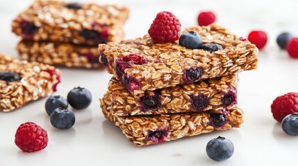 Aufkleber - Healthy fruit and nut granola bars with raspberries and blueberries on a white marble background Copy Space