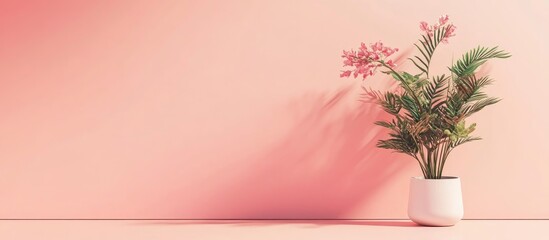 Aufkleber - Potted tropical plants with pink flowers on a pink wall background with ample copy space for text placement