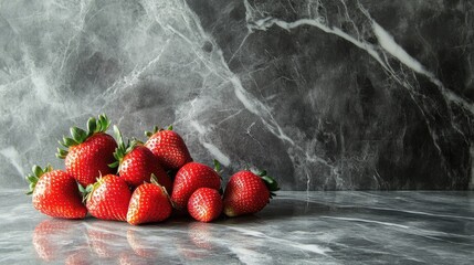 Poster - Fresh ripe strawberries arranged on a marble countertop with copy space for text.