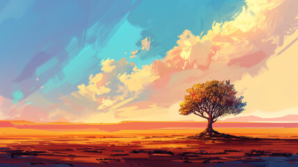 Poster - A cel-shaded single tree in the middle of a vast, colorful desert landscape.