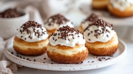 Poster - Delicious fluffy cream-filled donuts topped with whipped cream and chocolate sprinkles on a white plate with a neutral background Copy Space