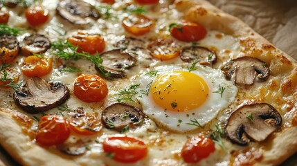 Aufkleber - Delicious homemade pizza topped with cherry tomatoes, mushrooms, herbs, and a sunny-side-up egg on a wooden surface with Copy Space