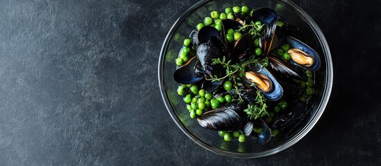 Poster - Mussels and fresh green peas in a glass bowl on a dark stone surface with Copy Space for text insertion