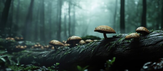 Poster - Mushrooms on a Fallen Log in a Misty Forest with Soft Natural Light and Copy Space for Text