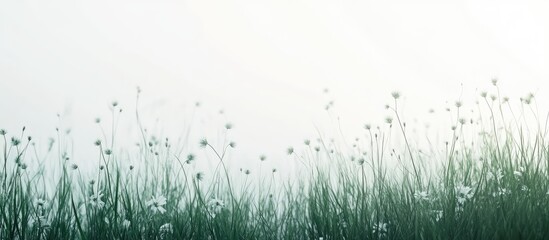 Aufkleber - Delicate green grass and small wildflowers in a misty field with Copy Space for text placement