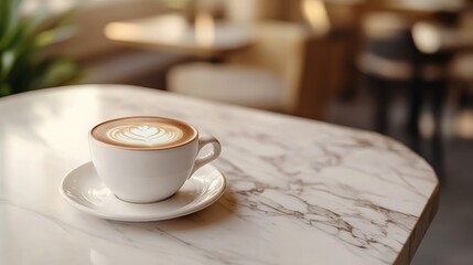 Poster - Cup of latte coffee with leaf latte art on a marble table in a cozy cafe Copy Space