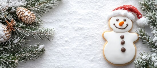 Poster - Christmas themed gingerbread snowman cookie with Santa hat on snow background surrounded by pine cones and evergreen branches Copy Space