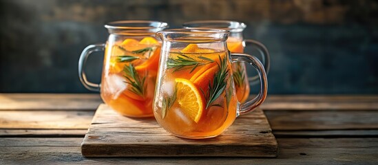 Poster - Refreshing fruit-infused iced tea in glass jars with orange slices and herbs on a rustic wooden table with copy space