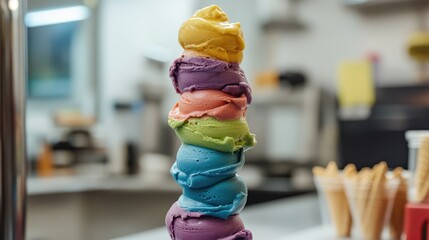 Poster - Colorful stack of ice cream scoops in a variety of flavors with blurred kitchen background Copy Space