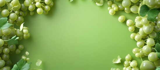 Poster - Fresh green grape background with blurred center and grapevines leaves for text placement Copy Space