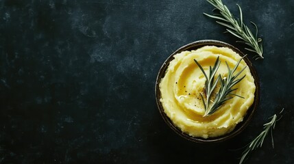 Poster - Mashed potatoes in a bowl garnished with fresh rosemary on a dark textured surface Copy Space