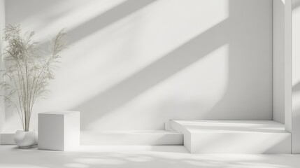 Poster - Minimalist interior scene with white walls and steps featuring a plant in a vase, soft shadows, and ample copy space for text placement