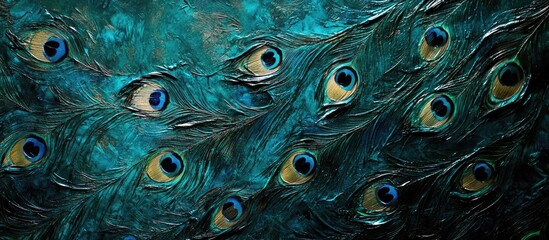 Poster - Colorful peacock feathers with prominent eye markings against a textured background Copy Space