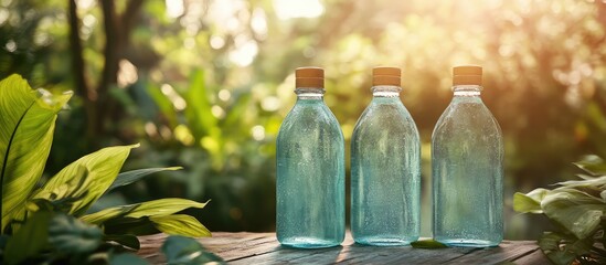 Poster - Three glass bottles with cork stoppers positioned on wooden surface surrounded by lush greenery and soft sunlight Copy Space