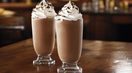 Poster - Chocolate milkshakes topped with whipped cream and chocolate drizzle served in tall glass cups with wooden table background Copy Space