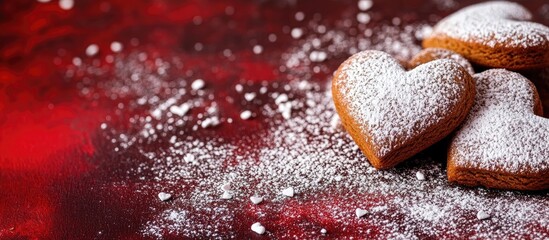 Poster - Heart-shaped cookies with powdered sugar on a red background with Copy Space for text placement.