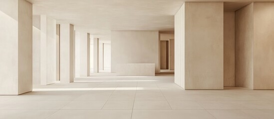 Poster - Minimalist interior view of spacious modern architecture featuring natural lighting and empty walls with copy space.