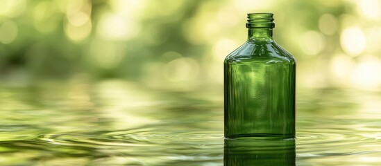 Aufkleber - Green glass bottle on water surface with blurred background and copy space for text