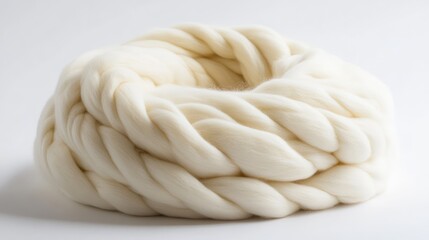 Poster - White wool roving twisted into a circular shape on a neutral background with Copy Space for text