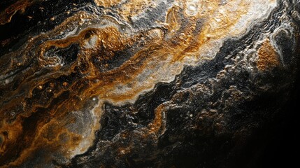 Poster - Abstract close-up of textured surface resembling a planet with gold and black patterns in a dark background Copy Space