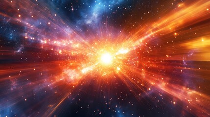 Poster - Cosmic explosion in space depicting vibrant orange and blue colors with stars and light rays emanating outward Copy Space