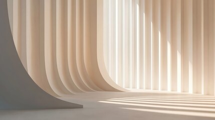 Poster - Abstract minimalist interior with curved walls and soft light creating dynamic shadows and copy space for text placement.