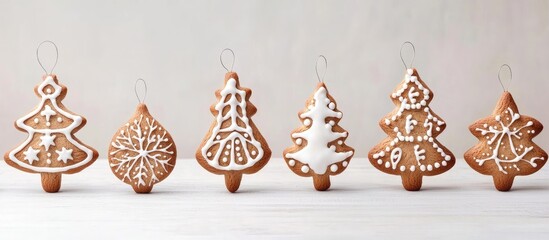 Poster - Gingerbread Christmas ornaments in various shapes on a light background with Copy Space for text placement