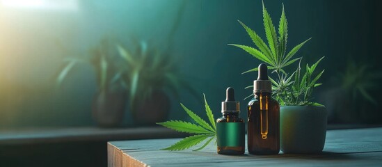 Poster - Glass bottles of cannabis oil with dropper tops on wooden table surrounded by green plants and sunlight Copy Space