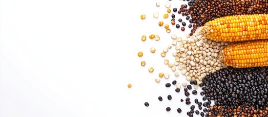 Poster - Diverse assortment of grains including corn, beans, and seeds on white background with Copy Space for text placement