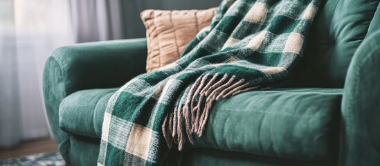 Poster - Cozy green velvet sofa with a plaid blanket and decorative cushion in a modern living room interior with natural light and soft textures Copy Space