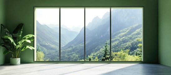Poster - Modern interior with large windows showcasing mountain landscape and greenery in a minimalistic setting, featuring indoor plant and ample copy space.