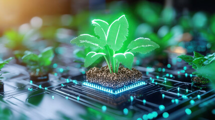 Aufkleber - digital farming platform showcasing vibrant green plants on circuit board, symbolizing fusion of technology and agriculture. This innovative concept highlights sustainable farming practices