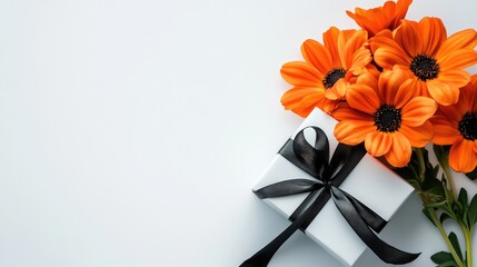 Wall Mural - White gift box with black ribbon and orange flowers on light background with Copy Space